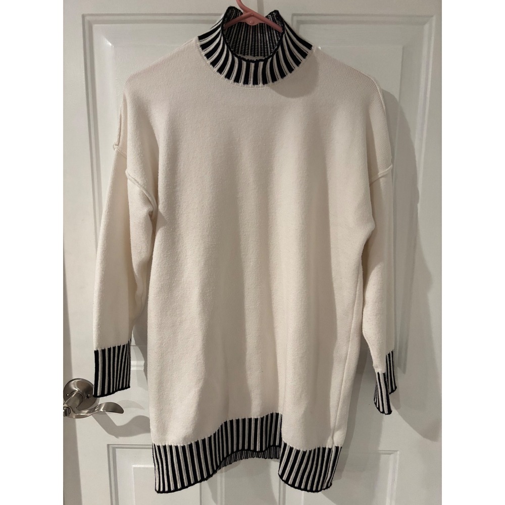 PULLOCARDI Womens White Black Striped Mock Neck Oversized Tunic Sweater Small